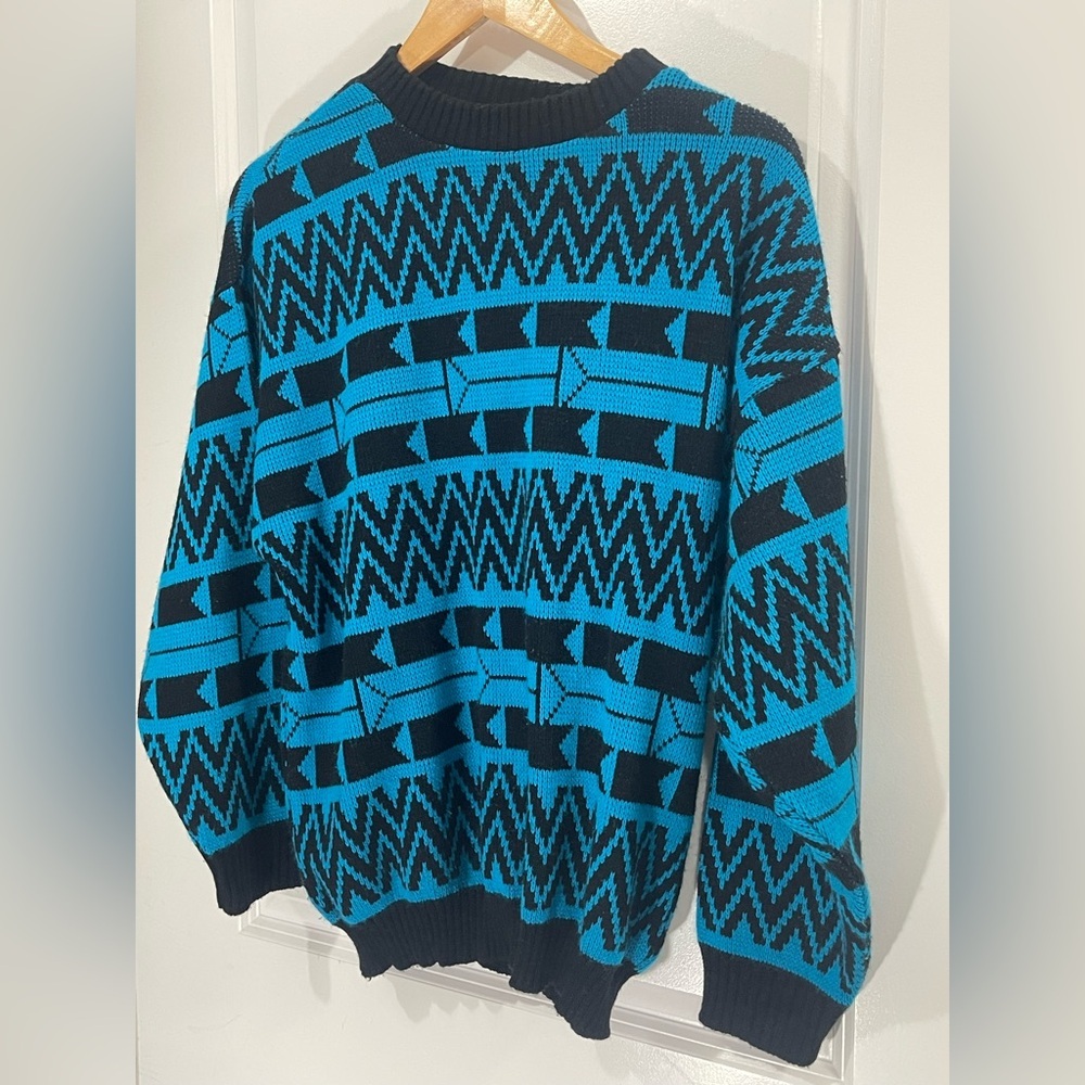 Vintage Geometric Retro Blue and Black Mens Crewneck Pullover Sweater Sz Large - Picture 3 of 10